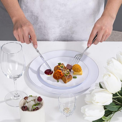 KIRE 200PCS Silver Plastic Plates - White Plastic Plates with Silver Rim Include 100 Dinner Plate and 100 for Dessert/Salad Plate for Birthday/Wedding/Party for Christmas