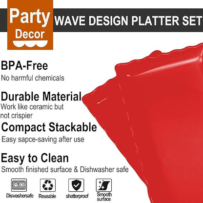 KAQAHIDO 17" x 8" x 1.5" Red Serving Tray Set, Wave Edge Melamine Platters for Cookie, Appetizer, Charcuterie, Snack, Dessert, Party Food Display, Stackable, Set of 2