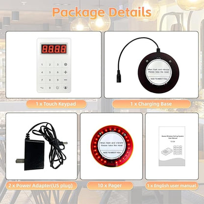 Restaurant Pager System, Long Range Social Distancing Pagers for Restaurants,10 Coaster Beepers with Vibration Flashing Buzzer, Queue Wireless Calling System for Food Truck Church Nursery Coffee Shop