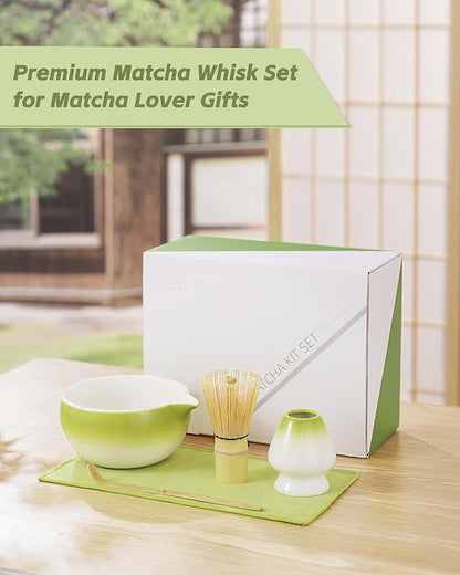 ZENS Matcha Whisk Set, 5pcs Matcah Kit Includes Ceramic Bowl with Spout, Handcrafted Bamboo Whisk, (Chasen) Holder, Scoop & Tea Mat, Matcha Set Gift for Tea Ceremony, Green