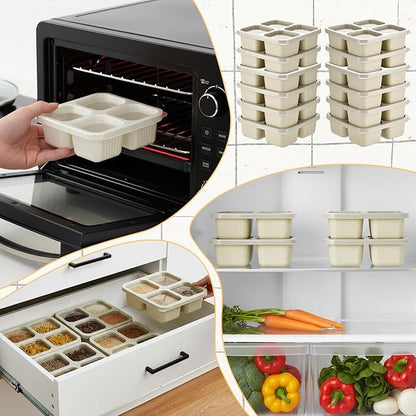SHENLIU 6 Pack 4 Compartment Snack Containers, Beige Reusable Lunchable Container Divided Bento Snack Box with Lids Food Storage Containers for Adults Travel Work