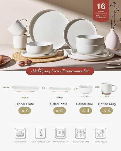 Famiware Milkyway Dinnerware Set with Mugs, Service for 4 (16pcs), Ribbed Stoneware Plates and Bowls Dishes Sets - Chip & Scratch Resistant, Microwave & Dishwasher Safe, White