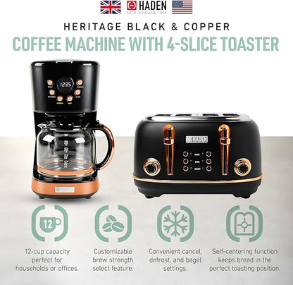 Haden Heritage 4 Slice Wide Slot Stainless Steel Toaster Bundled with 12 Cup Programmable Drip Coffee Maker Coffee Machine, Black & Copper
