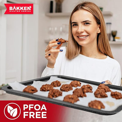 BAKKEN Kitchen Baking Pans - Nonstick Gray Coating, 13.18’’ × 8.66’’ Commercial Grade Carbon Steel Cookie Sheet, Baking Kitchen Essentials, PFOA, PFOS, PTFE Free, Oven Safe Tray (450° F), Gray Marble