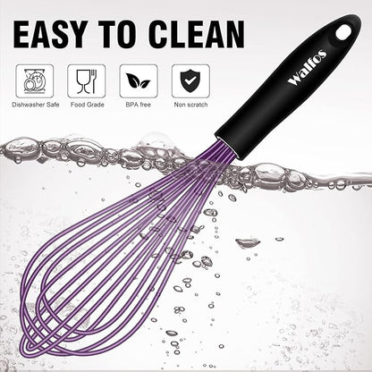 Walfos Whisk, Silicone Whisks Set of 5, Mini Stainless Steel Whisk 7+5in & Non Scratch Coated 7+9+11in Whisks, Suitable for Blending, Whisking, Beating, Frothing & Stirring. (Purple)