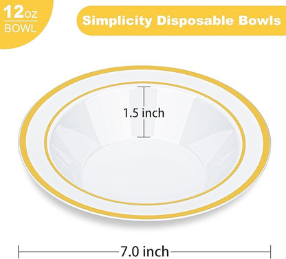 BESTVIP 100 Pack Plastic Bowls with Gold Rim, 12 oz Disposable Soup Bowls, Heavy-duty Dessert Salad Bowl for Party, Wedding, Christmas, Thanksgiving, Dinner, Catering