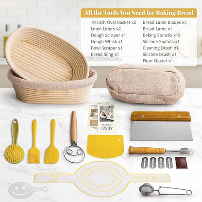 Sourdough Starter Kit, Sourdough Bread Baking Supplies with 2 Pcs 10" Oval Banneton Bread Proofing Baskets, Dough Scraper, Dough Whisk, Bread Lame, Silicone Sling, Spatula, Recipe