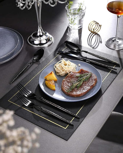 Lemeya 20-Piece Hammered Black Silverware Set,18/10 Stainless Steel Forging Heavy Duty Cutlery Set for 4, Luxury Unique Flatware Set,Spoons and Forks Set,Mirror Polished,Dishwasher Safe