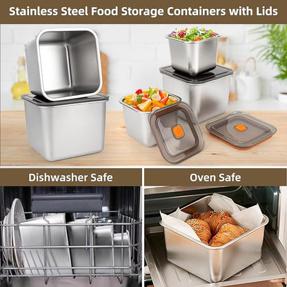 2 PCS Stainless Steel Food Storage Containers(100oz) with Lids Leak Proof & Airtight | Square Stainless steel freezer Containers,For Meal Prep,Fruit,Snack,Freezer