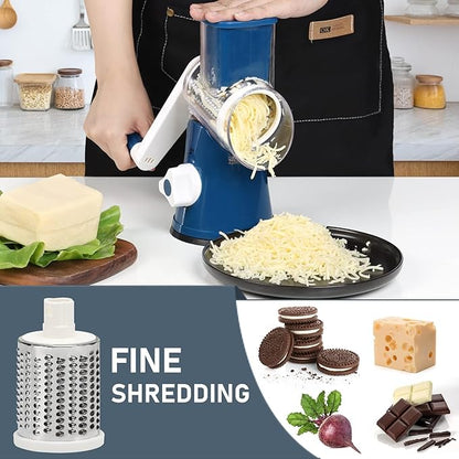 KEOUKE Rotary Cheese Grater Hand Crank Deep Blue - Shredder Slicer Grinder 3 Stainless Steel Blades, Stable Suction, Labor-Saving Handle, Safe Kitchen Tool for Cheese, Vegetable, Nuts, Chocolate
