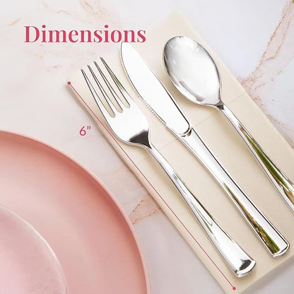 300 Plastic Silverware Set, Silver Plastic Cutlery Set, Disposable Silverware Set | 100 Plastic Forks, 100 Plastic Spoons, 100 Plastic Knives | Heavy Duty Bulk Disposable Flatware Plastic Utensils Set