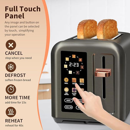 SEEDEEM Toaster 2 Slice, Touch Control Stainless Toaster LCD Display, 50% Faster Heating Speed, 1.4'' Wide Slots, More Timer Functions, Removable Crumb Tray, 1350W, Dark Metallic