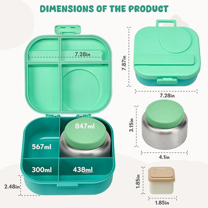 Bento Lunch Box with 12oz Soup Thermo,4 Compartments Lunch Box Containers, Spoon&Sauce Jar, BPA Free&Leak proof,Insulated Food Jar for Travel (Green)