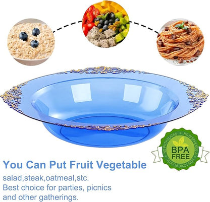 Nervure 50PCS Blue Plastic Bowls with Gold Rim - 12oz Disposable Soup Bowls, Heavy Duty Salad Dessert Bowl Perfect For Weddings, Father's Day and Everyday Use