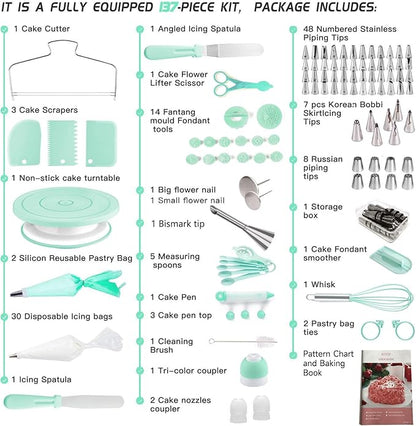 Cake Decorating Kit,137pcs Cake Decorating Supplies with Cake Turntable for Decorating,Pastry Piping Bag,Russian Piping Tips Baking Tools, Cake Baking Supplies for Beginners(Green)