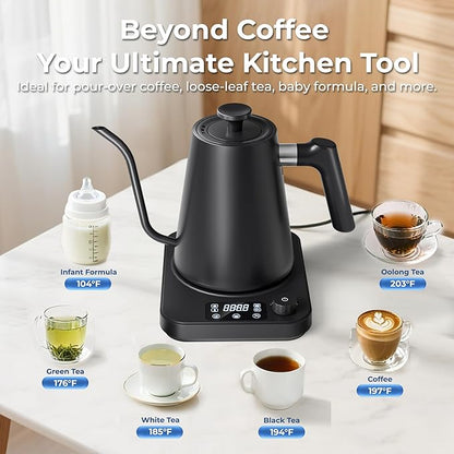 Gooseneck Electric Kettle, ±1°F Precision Control, Smart Altitude Adjustment, 24H Keep Warm, 30-Min Auto Memory, Food Grade Stainless Steel, Pour Over Kettle for Coffee and Tea, 1200W/1.0L