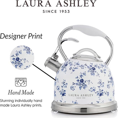 VQ Laura Ashley China Rose 2.5L Stainless Steel Tea Kettle Stovetop Whistling Teapot for Induction, Gas Hob or others. Silicon Coated Cool Handle & Push Button Mechanism Vintage Stove Top Kettle