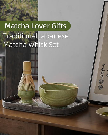 ZENS Matcha Whisk Set, 5pcs Matcha Kit Set Includes Ceramic Bowl, Handcrafted Bamboo Whisk and Chasen Holder, Scoop & Tea Mat, Matcha Tea Ceremony Gift for Matcha Lovers, Emerald Green