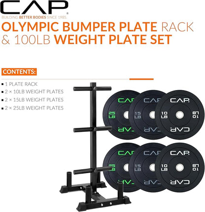 CAP Barbell 2-Inch Olympic Bumper Plate Weight Set with 6 Post Rack | 100-370 lbs | Multiple Options