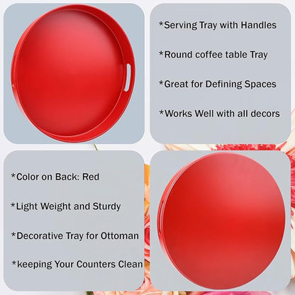 Round Red Decorative Serving Tray with Handles, 13” Versatile Ottoman Tray for Coffee Table, Entertaining, Outdoor Patio, Living Room