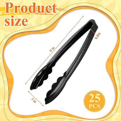 Tessco for you 25 Pcs Plastic Tongs for Serving Bulk, 9 Inch Plastic Disposable Serving Tongs Heavy Duty Salad Utensils for Kitchen Buffets BBQ Events Catering (Black)