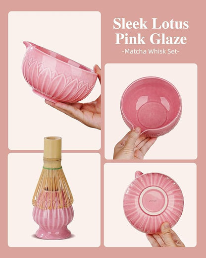 ZENS Pink Matcha Kit, 6pcs Matcha Whisk Set Includes 15oz Pink Bowl, Chasen Holder, Bamboo Whisk & Scoop, 304 Sifter & Tea Mat, Japanesse Matcha Set for Matcha Latte-Making