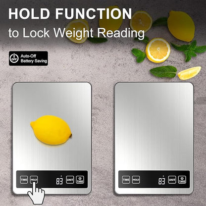 Fuzion Food Scale, 1g/0.1oz Kitchen Scale Grams and Ounces - 22lb, 7 Units, Tare & Timer Functions, Rechargeable Power, Tempered Glass & Stainless Steel - Digital Food Scale for Cooking, Baking