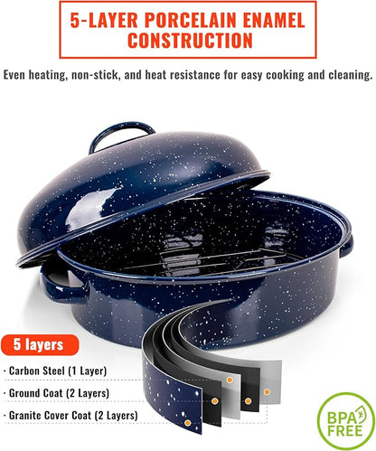 Roasting Pan with Lid and Rack 18" Dark Blue and White Speckled Design Large Oval Enamel Roast pan,Perfect for Thanksgiving Christmas Parties and Dinner Gatherings with Mesh Frame Gift Packaging