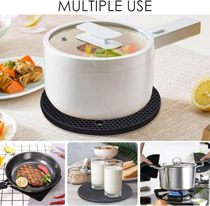 Silicone Trivet Mats, 4 Pack Silicone Pot Holders for Hot Pan and Pot Pads, Heat Resistant Counter Mats for Tables, Countertops, Spoon Rest and Large Coasters, Black & Gray (2 Squared + 2 Round Mats)