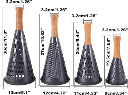 Cone Cheese Grater with Handle Stainless Steel Grater Triple Function Wood Handle Shredder Non-Slip Rubber Bottom Hand Held Multifunction Vegetables Grater Black 4-Size (Size L: 10.6" X 4.7" Black)