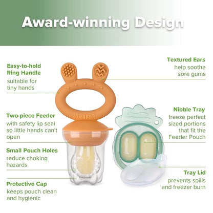 Haakaa Baby Fruit Food Feeder & Mini Freezer Nibble Tray Combo, Breastmilk Popsicle Molds for Baby Cooling Relief, BPA Free Silicone Feeder for Safe Infant Self Feeding, 4 Month+ (Pumpkin)