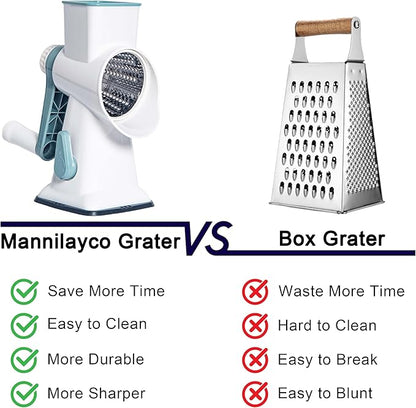 Rotary Cheese Grater Cheese Shredder, Cheese Grater Handheld with Strong Suction Base,Kitchen Vegetable Slicer 3 Replaceable Stainless Drum Blades for Fruit, Food, Nuts,Easy to Use Clean (White)