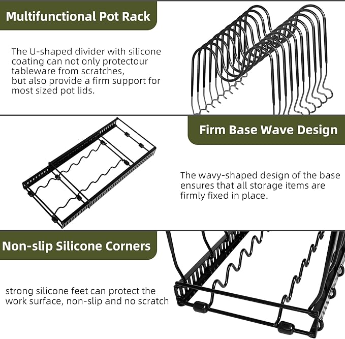 ROOHUA Pot Rack -Expandable Pan Organizer for Cabinet, Lid Holder with 10 Adjustable Compartment for Kitchen Cabinet Cookware Baking Frying Rack