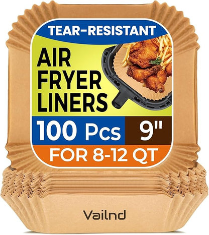 Vailnd Air Fryer Liners Disposable, 100Pcs 9 Inch Max Xl Large Cooker Airfryer Paper Liners, Oil Proof Parchment Sheets Square Basket Baking Liner for 8/10/11/12 QT Air Fryer Microwave