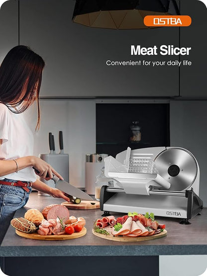 Meat Slicer 200W Electric Deli Food Slicer with 2 Removable 7.5" Stainless Steel Blade, Adjustable Thickness for Home Use, Child Lock Protection, Easy to Clean, Cuts Meat, Bread and Cheese