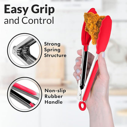 Zulay Stainless Steel Kitchen Tongs with Silicone Tips - Set of 2 (9” & 12”) Locking Cooking Tongs with Non-Slip Grip - Heat Resistant, BBQ Food Tongs for Non-Stick Cooking Pans (Silver/Soft Red)