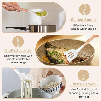 P&P CHEF Cooking Utensils Set, 6 PCS Kitchen Utensils with Wooden Handle, Silicone Spatula for Nonstick Cookware, Easy Clean & Non-toxic, White