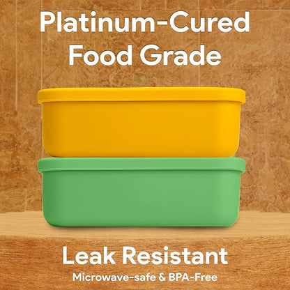 Platinum Silicone Bento Lunch Box Set of 2 – 3 Compartments, Leakproof, Versatile, Durable, Microwave & Freezer Safe, Meal Prep, Food Storage for All Ages (Watermelon Green & Gold Honey)