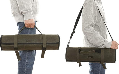 Denifiter Professional Chef's Knife Bag with Anti Cutting Fabric Inside, Heavy Duty 16oz Waxed Canvas, 10 Slots & 1 Large Zipper Pocket & Durable Handle(Army Green)