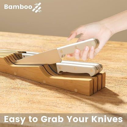 Bamboo In-Drawer Knife Block for 7 Knives(Not Included), Knife Drawer Organizer,Knife Holder Countertop,Block Knife Storage Organizer for Kitchen