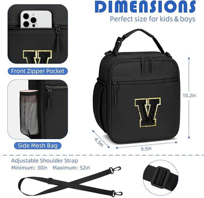 Initial Insulated Lunch Bag for Boys Kids, Back to School Gift, Reusable Leak-proof Lunch Box with Adjustable Strap for School Daycare Travel Picnic（Black，V）