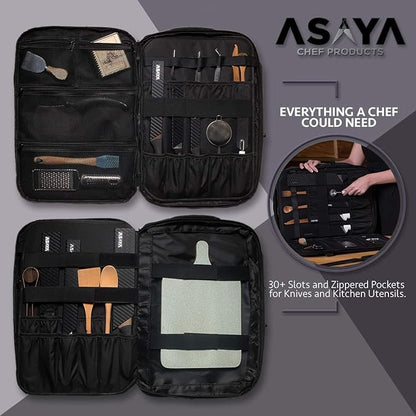 Asaya Chef Knife Backpack with 20 Pocket Knife Roll Bag - Over 30 Pockets for Knives - Knives Not Included (Black)