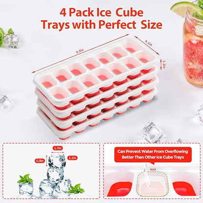 DOQAUS Ice Cube Trays 4 Pack, 56 pcs Silicone Ice Cubes Tray Maker with Spill-Resistant Removable Lid, Easy Release & Pop out, LFGB and BPA Free, Stackable Flexible, for Baby Food, Cocktail, Coffee