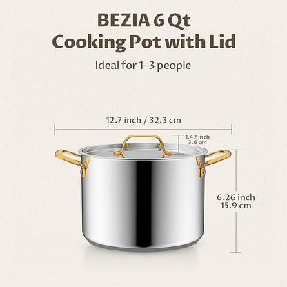 BEZIA 6 Quart Stainless Steel Stockpot with Lid, Induction Compatible Cooking Pots, Triple-Layer Bottom for Even Heat, Pasta & Soup Pot for Cooking, Boiling, Stewing, Dishwasher Safe