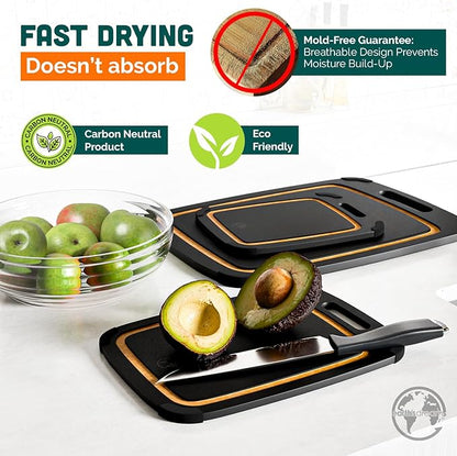 Earth’s Dreams Wood Cutting Board Set 3-Piece: Small, Large & Extra Large - Charcuterie Board, Non-Plastic, Non-Toxic, Heavy-Duty, Dishwasher Safe (Black/Tan)