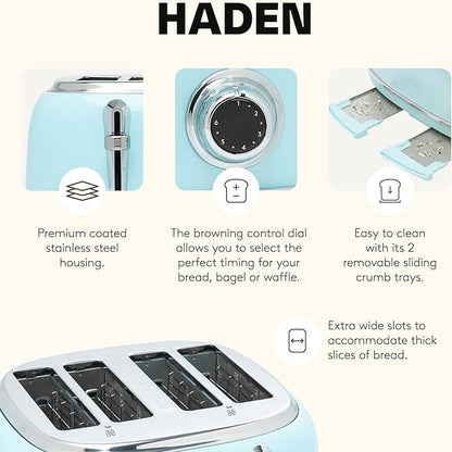 Haden Heritage 4 Slice Wide Slot Stainless Steel Toaster with Adjustable Browning Control & Non-Slip Feet, Turquoise & Chrome