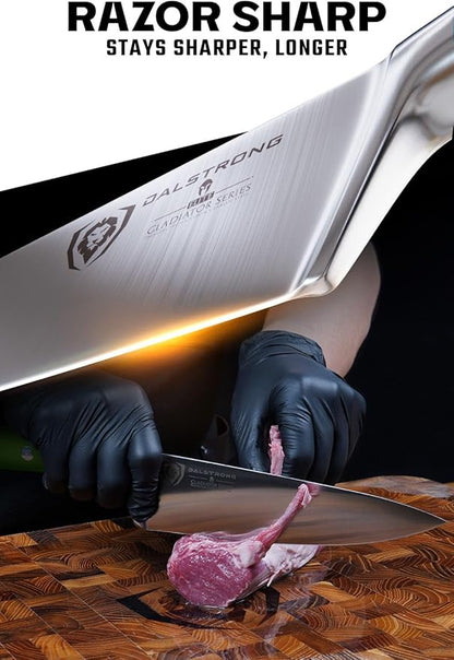 Dalstrong Chef Knife - 8 inch Blade - Gladiator Series - Forged High Carbon German Steel - Razor Sharp Kitchen Knife - Professional Full Tang Knives - Army Green Handle ABS - Sheath - NSF Certified