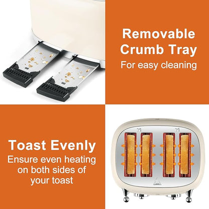 CUSIMAX Toaster 4 Slice, Retro Toaster with Wide Slots for Bagels, Stainless Steel toaster with 6 Toast Settings, Bagel, Cancel, Defrost & Reheat Functions, Dual Independent Control Panels, Cream