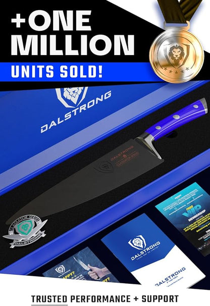 DALSTRONG Chef Knife - 8 inch Blade - Gladiator Series - Forged High Carbon German Steel - Razor Sharp Kitchen Knife - Professional Full Tang Knives - Blue Handle ABS - Sheath - NSF Certified