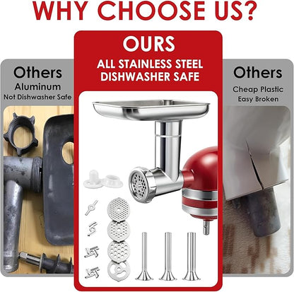 Stainless Steel Meat Grinder Attachments for KitchenAid, Sausage Stuffer, Compatible with KitchenAid Stand Mixer of All Models, Dishwasher Safe